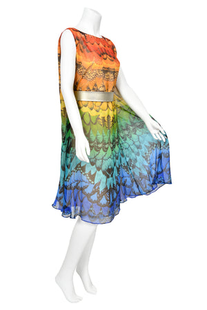 2008 Alexander McQueen Documented Rainbow Butterfly Print Silk Belted Cape Dress