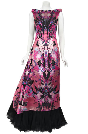 2010 Alexander McQueen Orchid Print Silk Jacquard & Tulle Asymmetric Bustle Gown