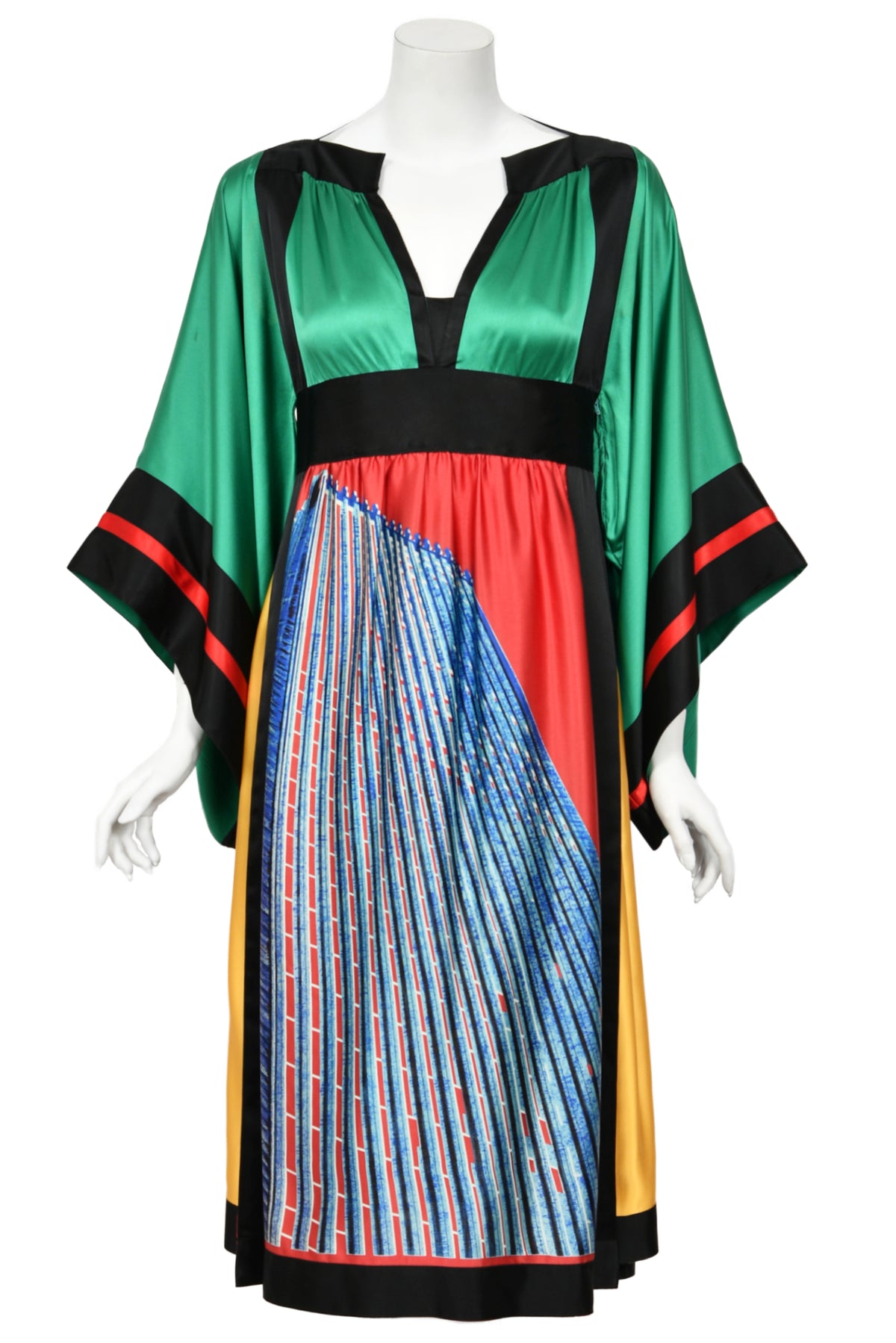 1977 Ungaro Haute Couture Runway Colorful Silk Kimono-Sleeve Tunic Blouse &amp; Skirt Ensemble