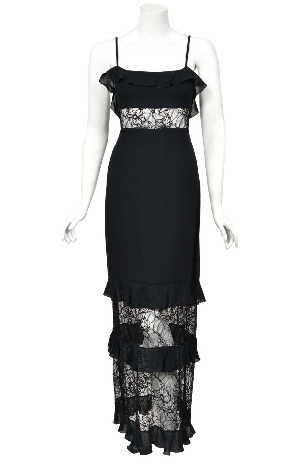 1994 Chanel by Karl Lagerfeld Cruise Collection Sheer Black Lace Ruffle-Trim Lingerie Gown