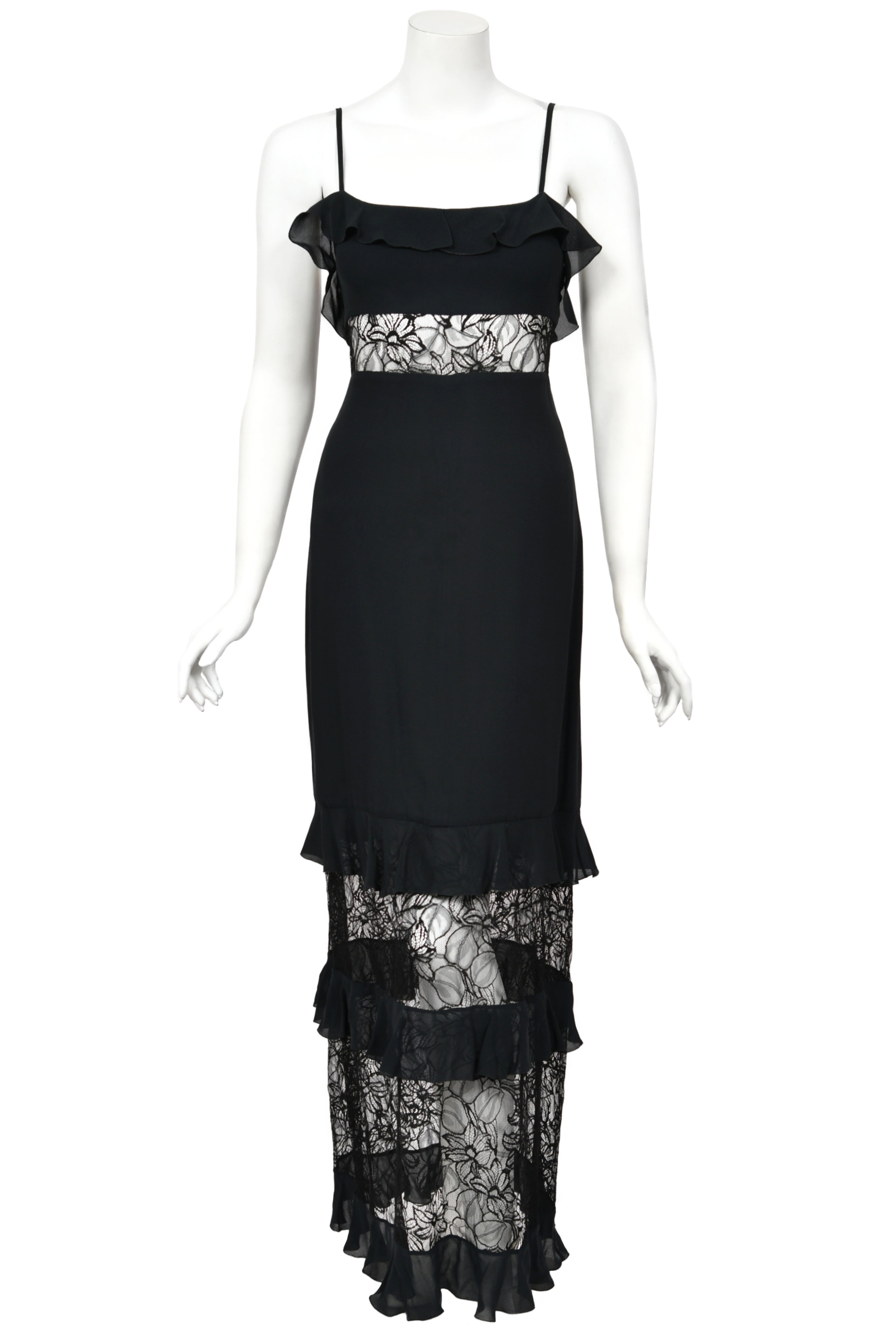 chanel black lace dress Chanel Vintage S/S 1988 White Black Lace Camellia Bow Dress Gown