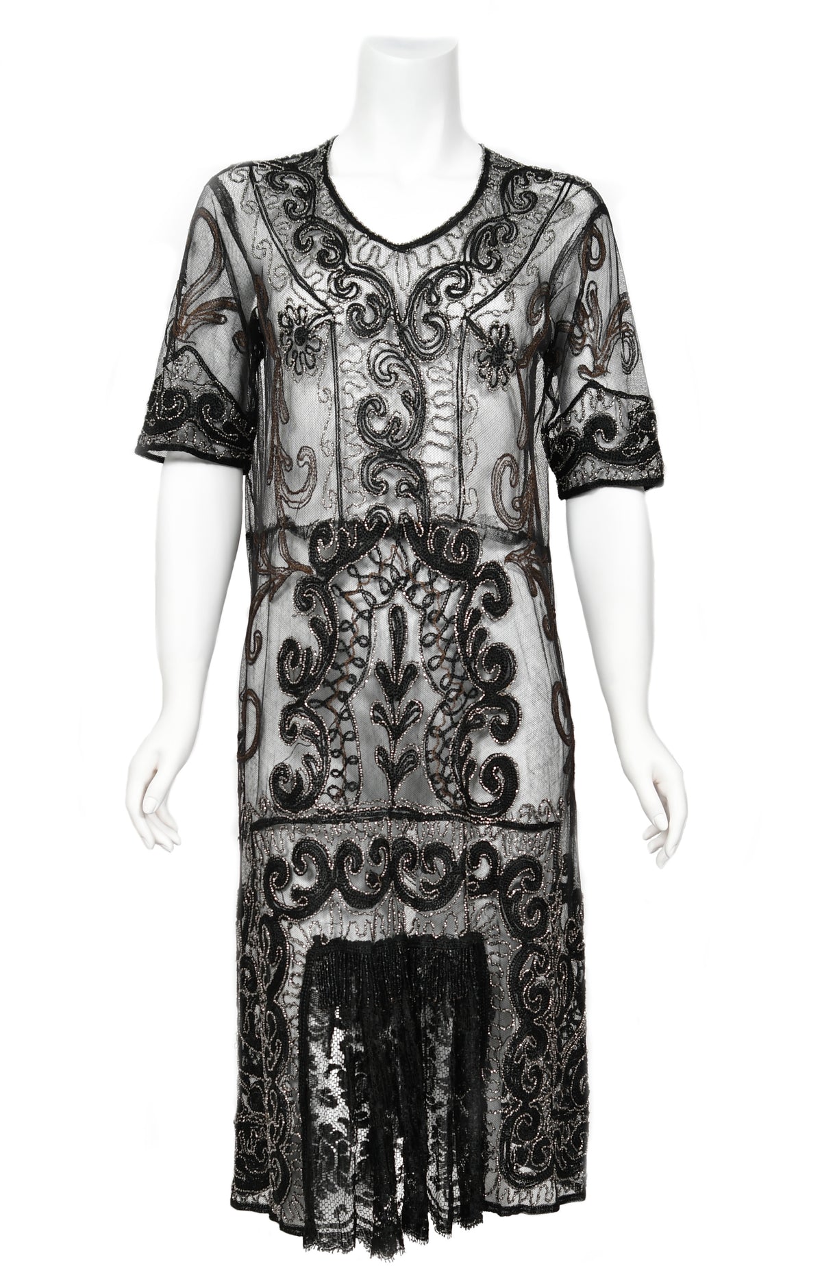 1920&#39;s Embroidered Black Sheer Mixed-Lace Beaded Art Deco Motif Dress