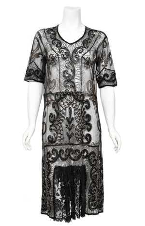 1920's Embroidered Black Sheer Mixed-Lace Beaded Art Deco Motif Dress