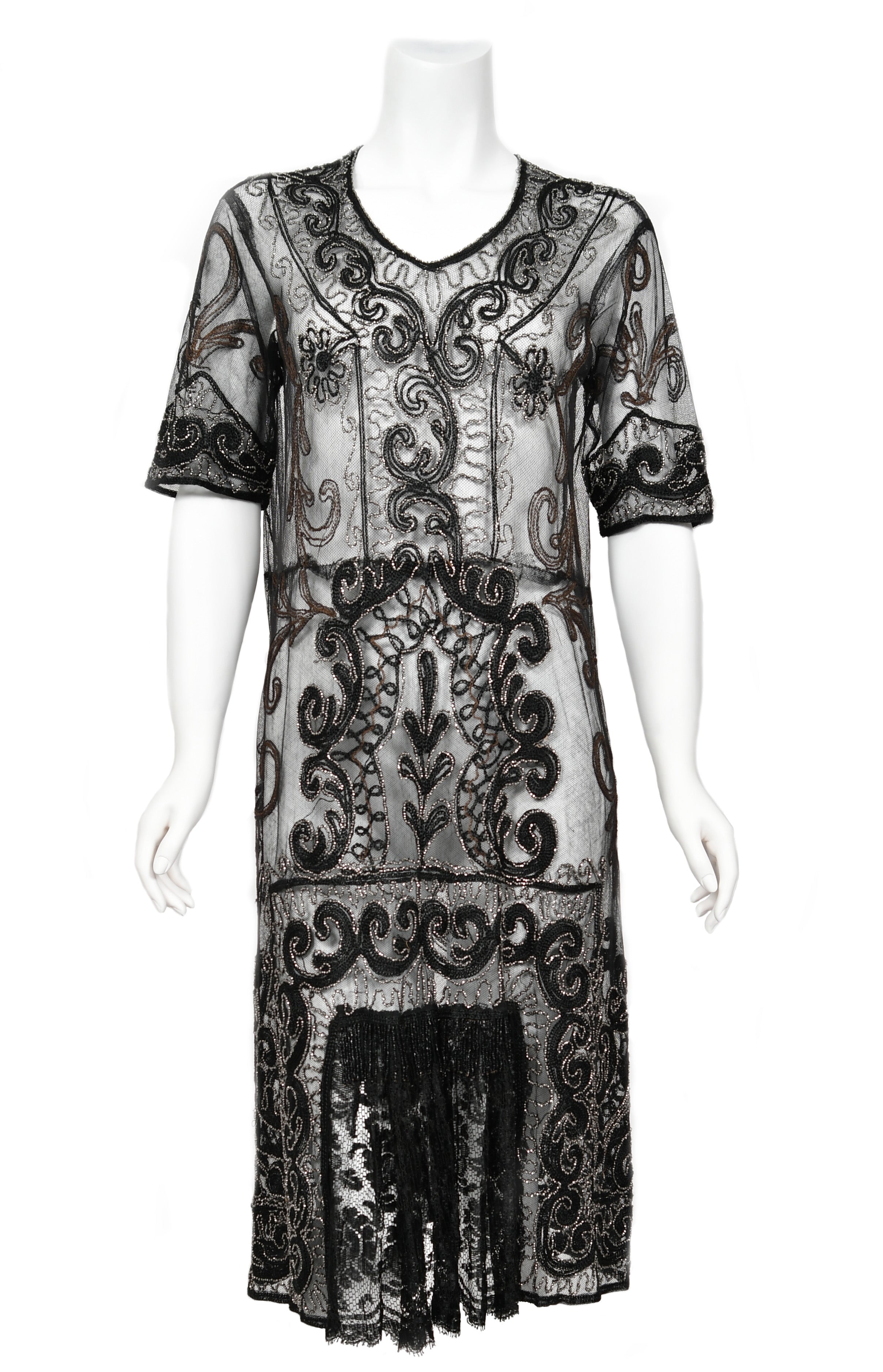 Vintage 1920's Embroidered Black Sheer Mixed-Lace Beaded Art Deco Motif Dress - Timeless Vixen Vintage 1920's Embroidered Black Sheer Mixed-Lace Beaded Art Deco Motif Dress - Timeless Vixen