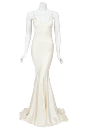 2004 John Galliano Ivory Satin Crystal Accented Bias-Cut Trained Bridal Gown