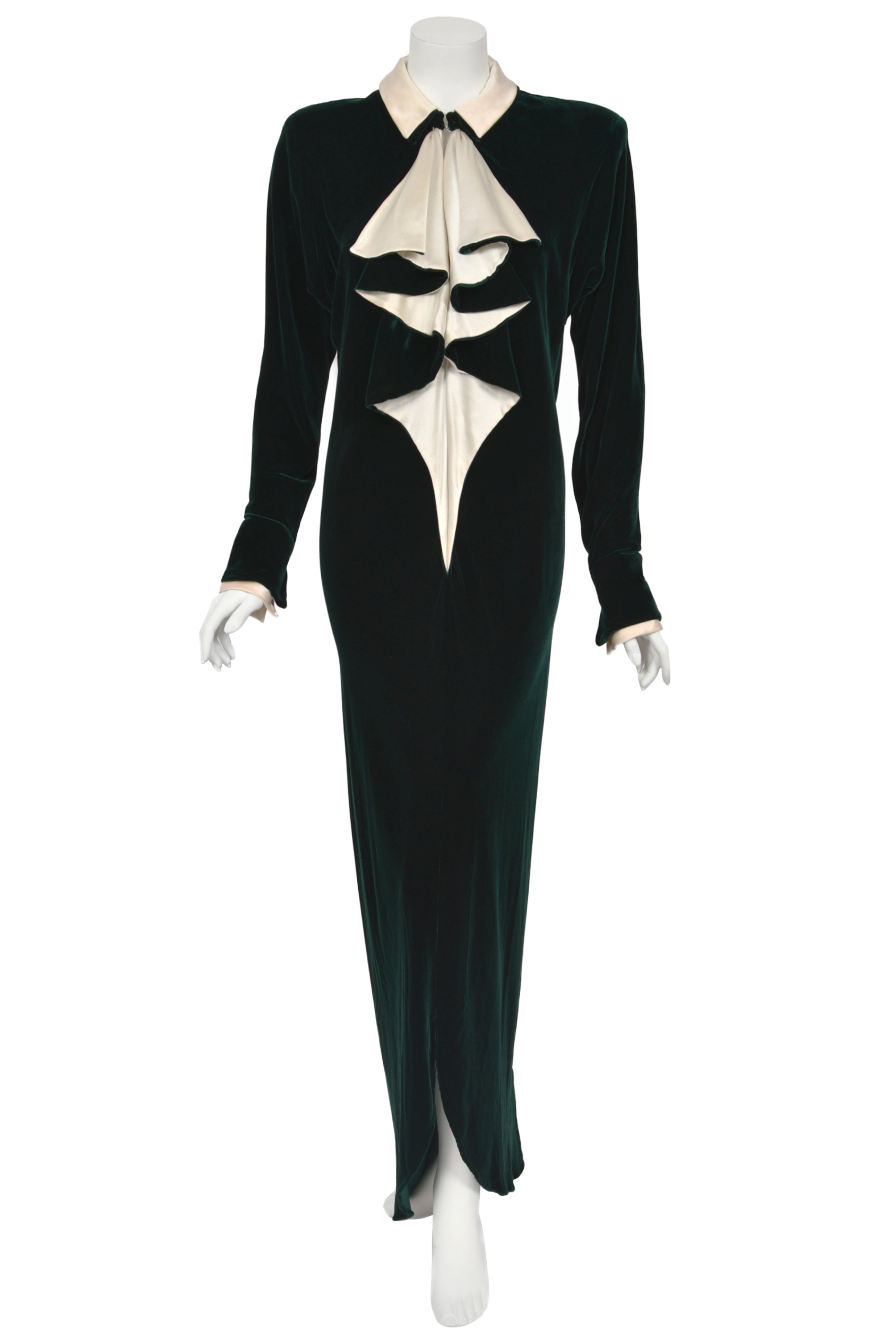 1978 Halston Couture Dark Green Velvet & Ivory Silk Ruffle Gown - Timeless Vixen 1978 Halston Couture Dark Green Velvet & Ivory Silk Ruffle Gown - Timeless Vixen