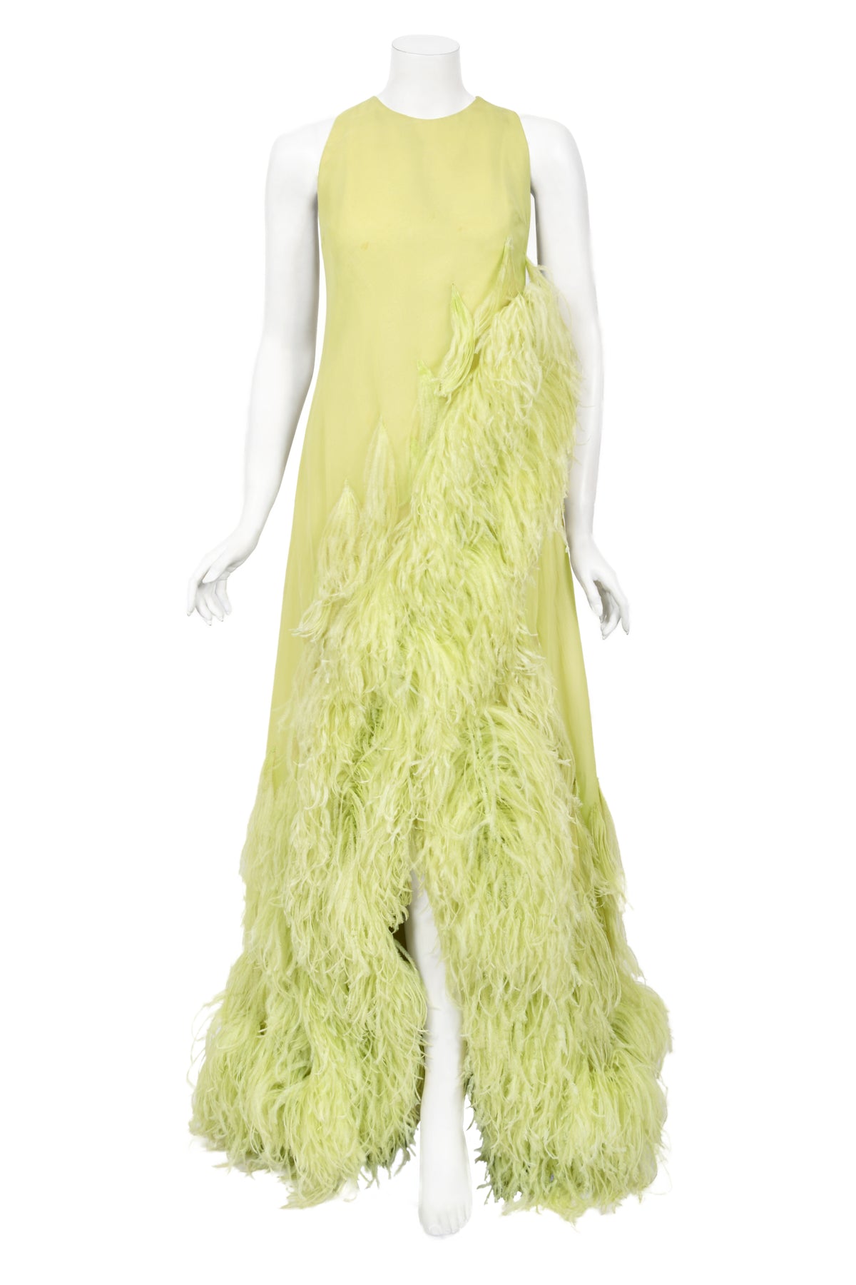 1968 Christian Dior Haute Couture Maria Felix Owned Chartreuse Silk Feather Gown