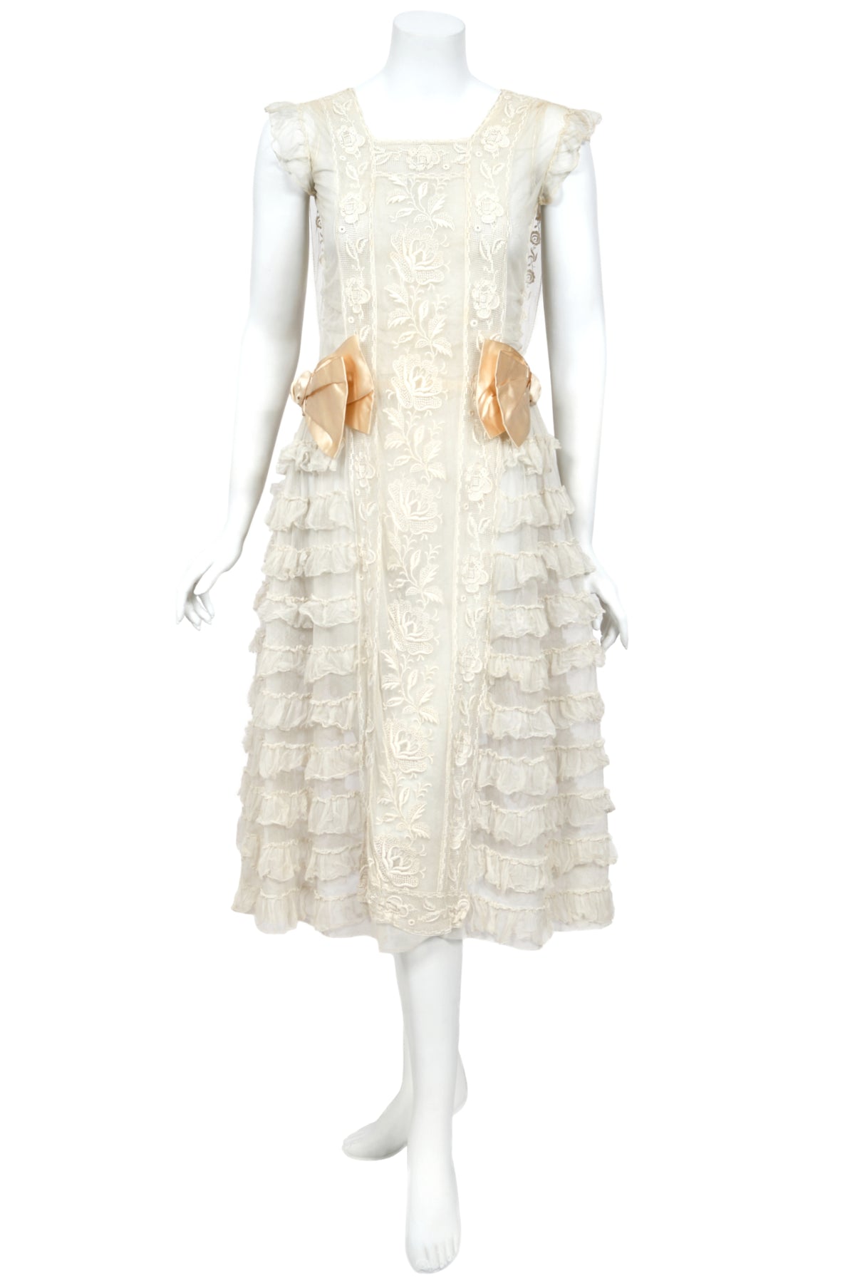 1920's Sheer Ivory Embroidered Floral Motif Net-Tulle Tiered Ruffle 'Robe de Style' Dress