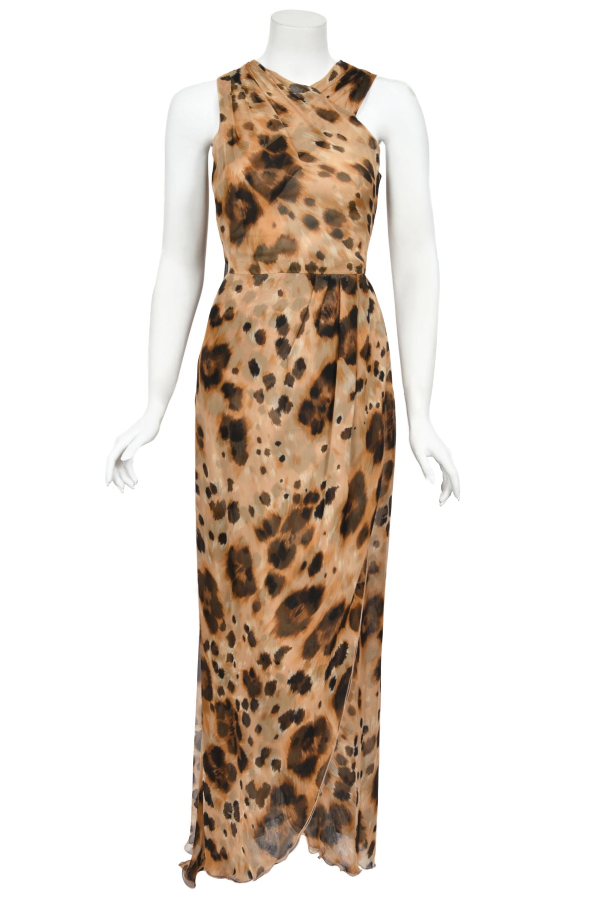 1996 Valentino Runway Editorial Leopard Print Sheer Silk Draped-Sash Gown