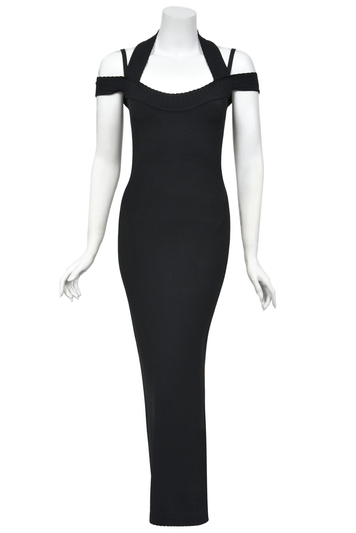 1992 Azzedine Alaia Black Stretch Knit Cold-Shoulder Halter Bodycon Maxi Dress
