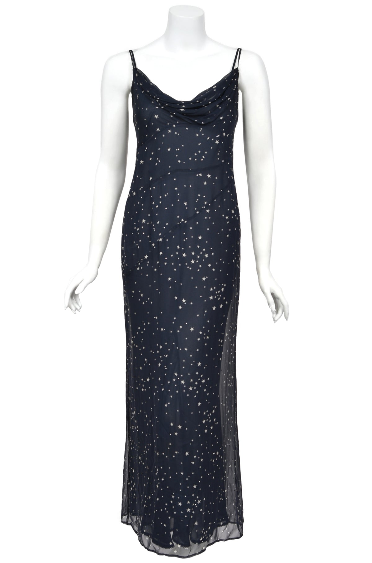 1998 Moschino Runway Navy Blue Sheer Silk Chiffon Star Motif Rhinestone Maxi Slip Dress