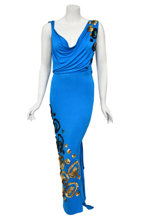 2007 John Galliano Ocean Blue Sequin Viscose Draped Backless Hourglass Gown