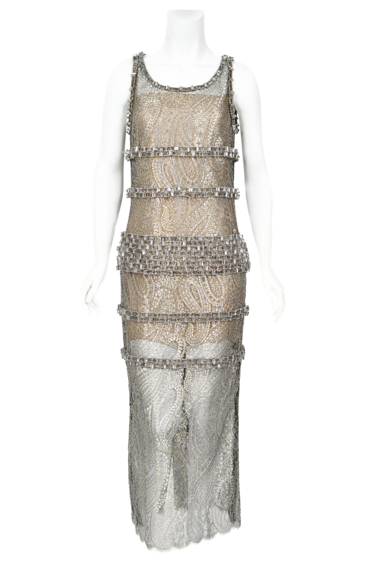 2012 Chanel by Karl Lagerfeld Runway Crystal Beaded Sheer Silver &amp; Gold Lace Dress