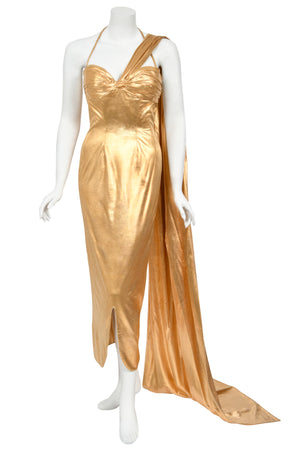 1950's Yma Sumac Custom Couture Old Hollywood Metallic Gold Hourglass Trained Dress