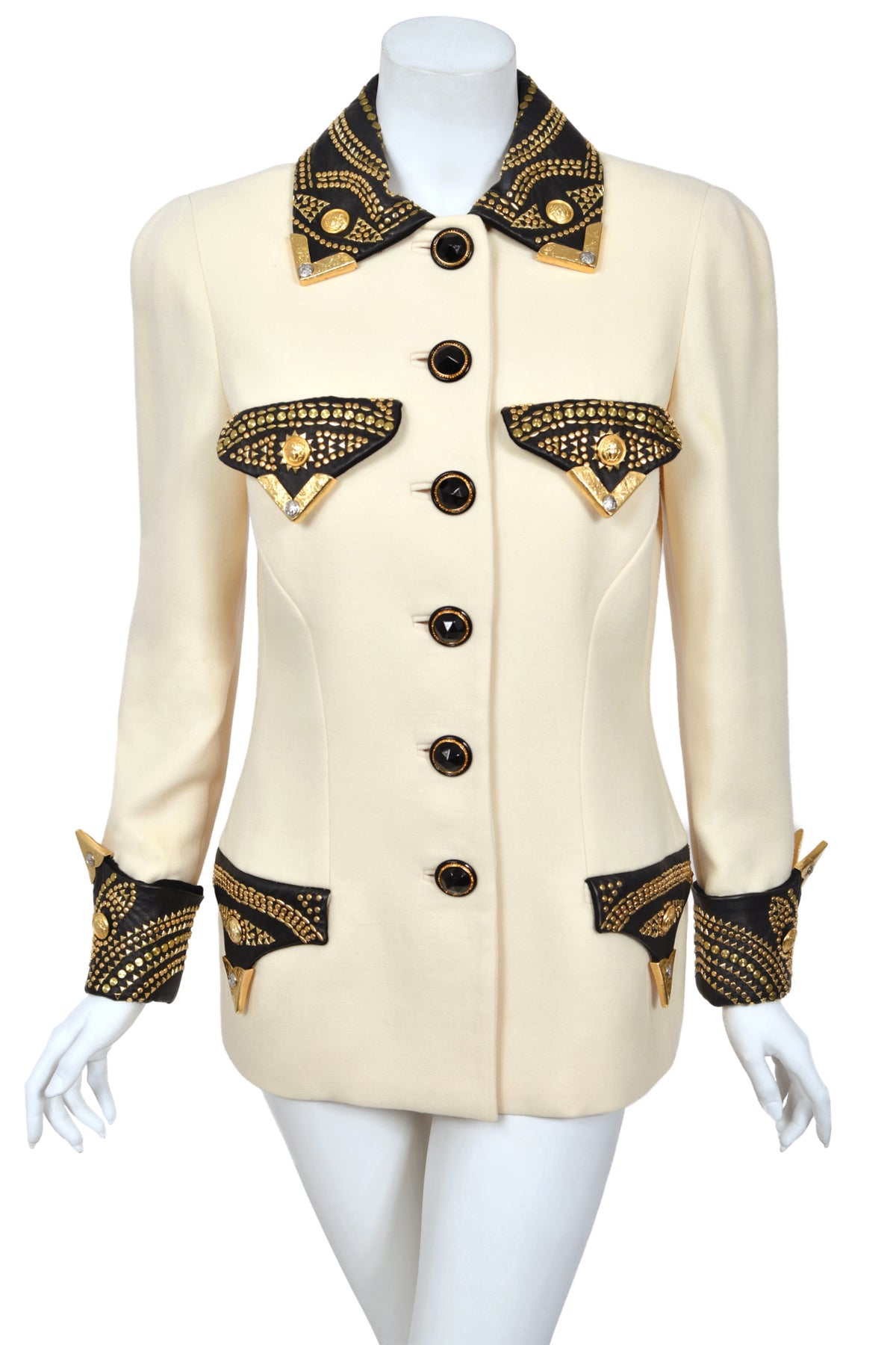 1992 Gianni Versace 'Miss S & M' Runway Collection Ivory Wool Studded Leather Editorial Jacket