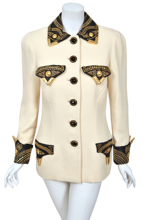 1992 Gianni Versace 'Miss S & M' Runway Collection Ivory Wool Studded Leather Editorial Jacket