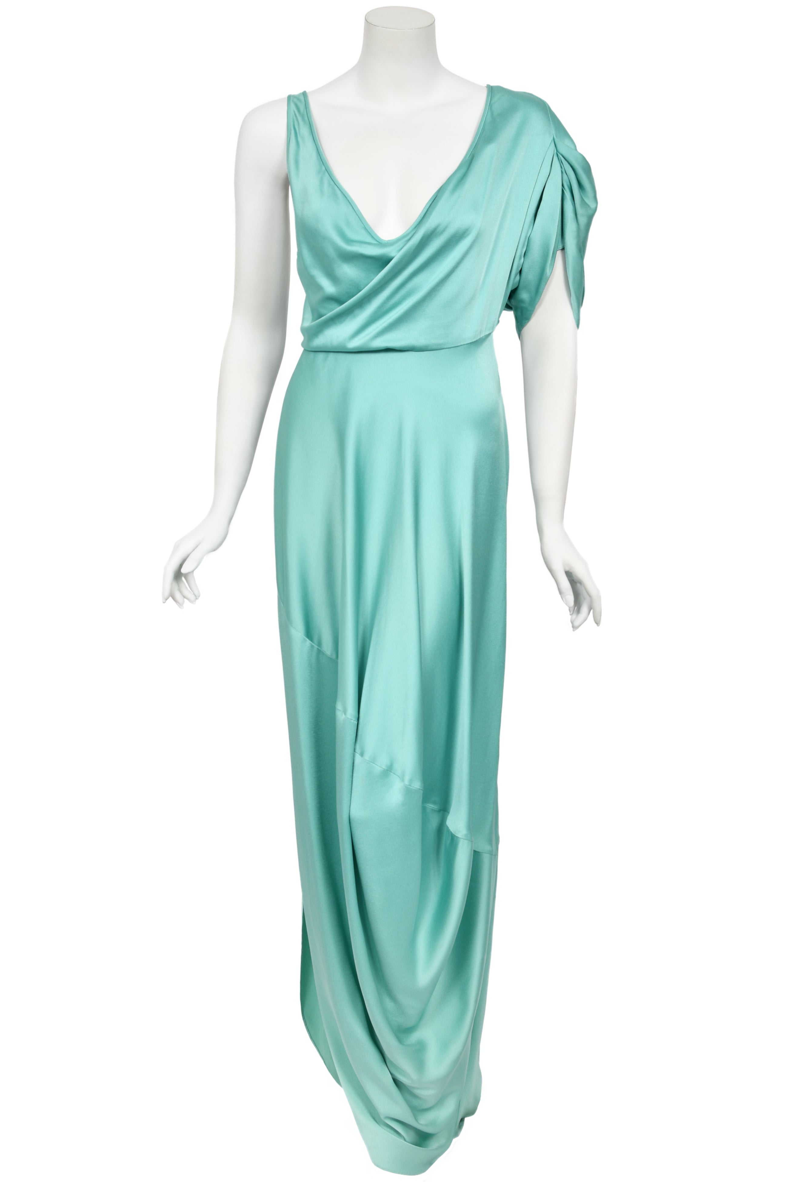 2011 John Galliano Sculpted Tiffany-Blue Silk Asymmetric Draped Goddess Gown 2011 John Galliano Sculpted Tiffany-Blue Silk Asymmetric Draped Goddess Gown