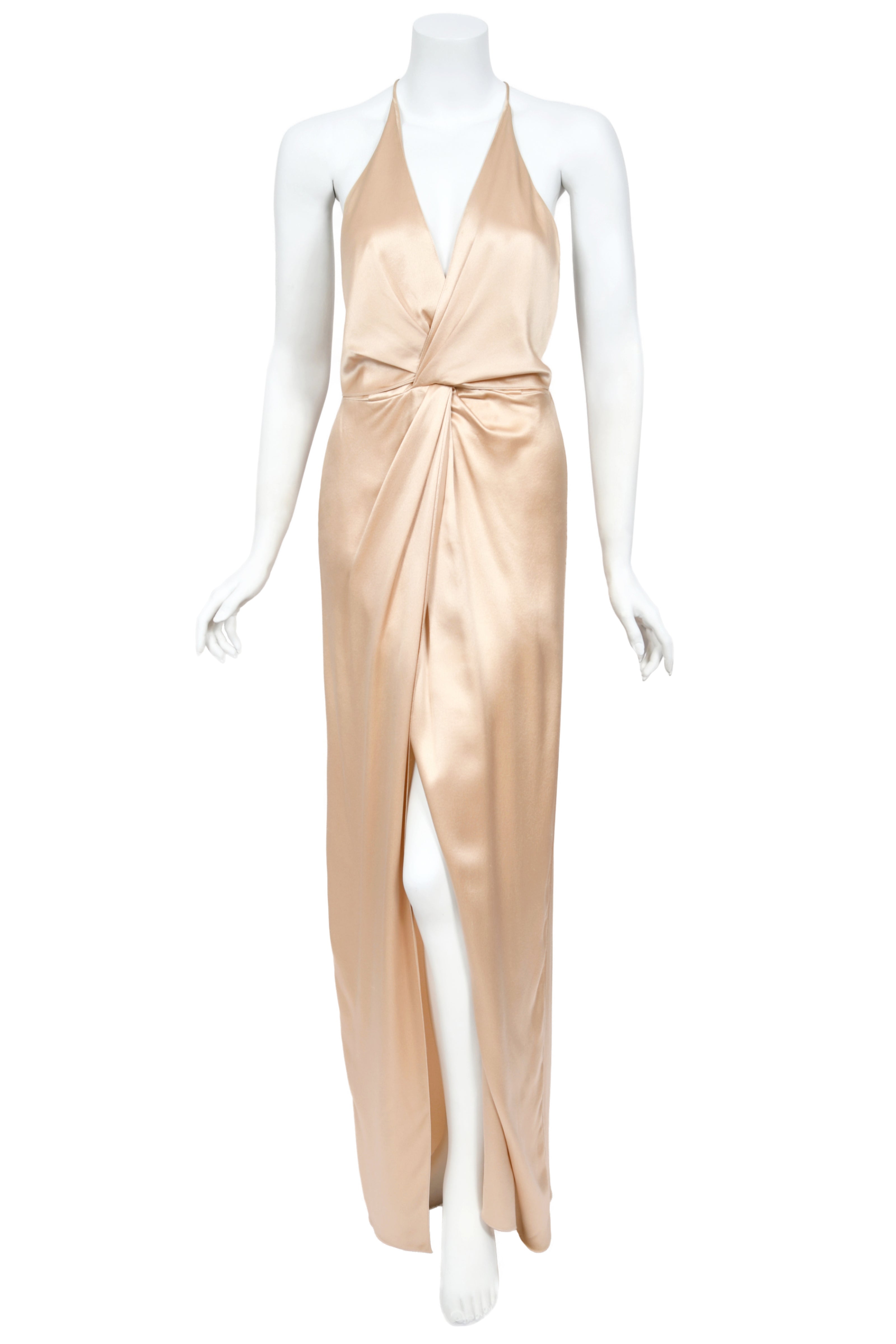 2011 Gucci Champagne Silk Low-Plunge High Slit Maxi Slip Dress