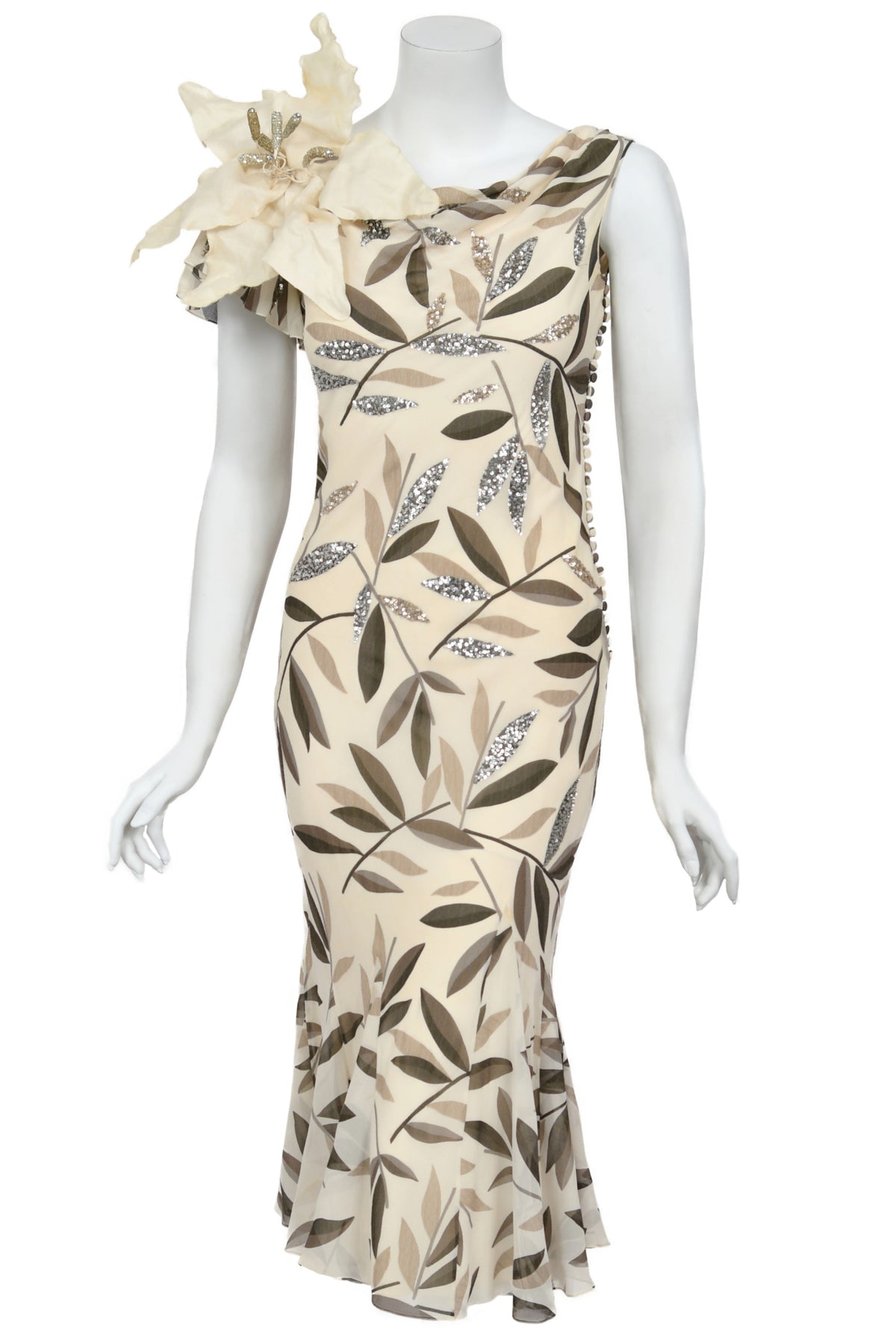 2008 Christian Dior by John Galliano Leaf Motif Sequin Silk Appliqué Bias-Cut Dress