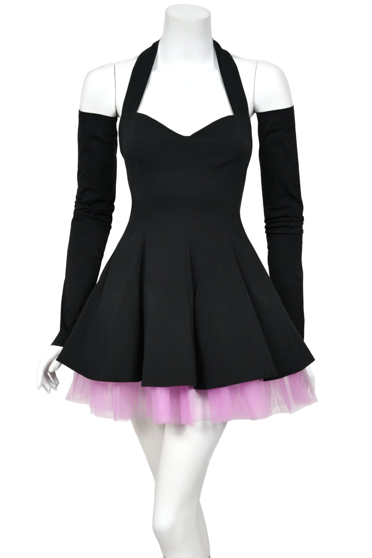 1992 Dolce & Gabbana Runway Black Stretch Cotton & Lilac Tulle Halter Mini Dress w/ Gloves