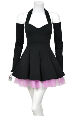 1992 Dolce & Gabbana Runway Black Stretch Cotton & Lilac Tulle Halter Mini Dress w/ Gloves
