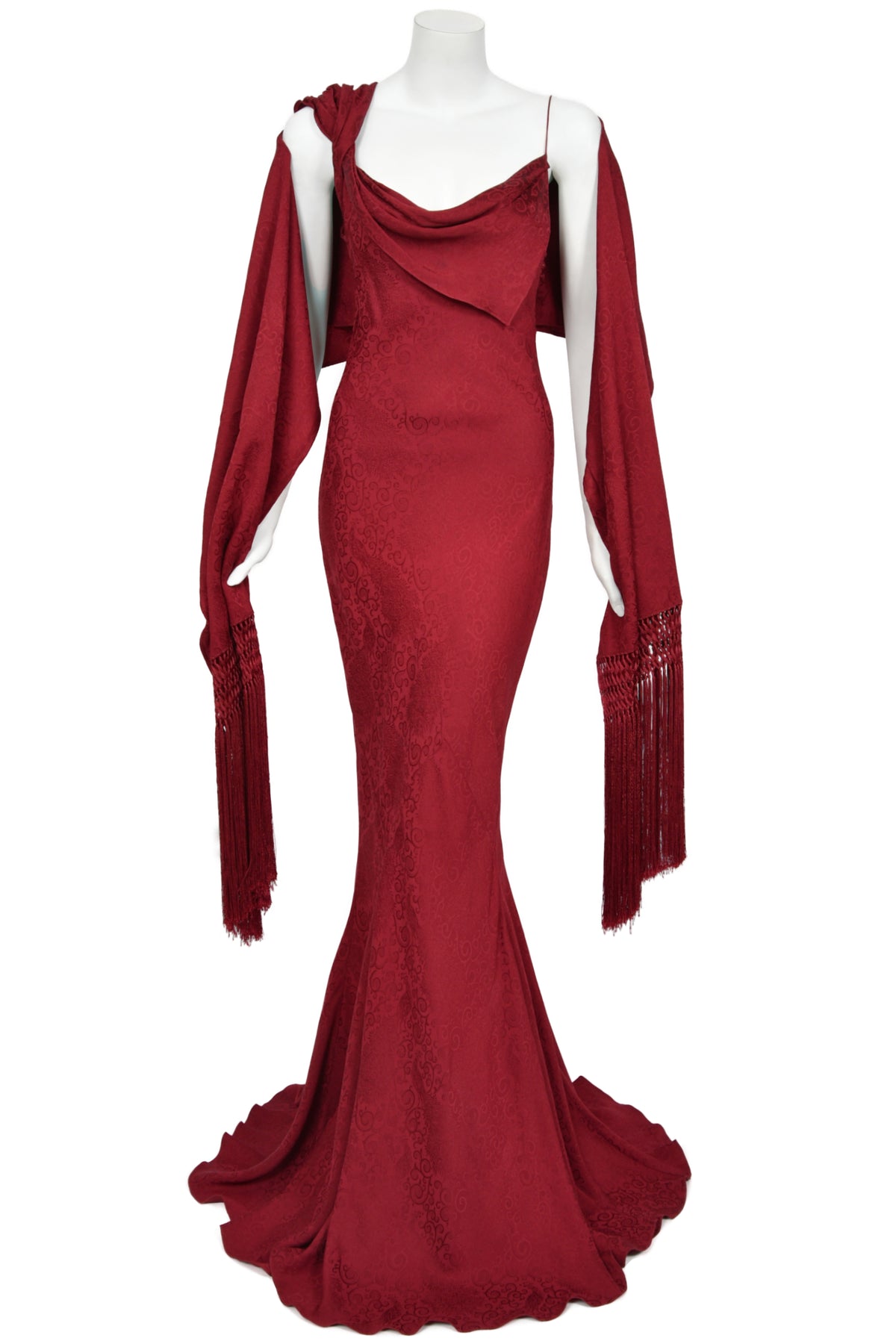 1999 John Galliano Maori Collection Merlot Red Silk Bias-Cut Gown w/ Fringed Shawl