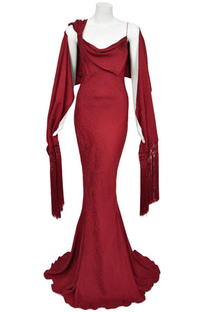 1999 John Galliano Maori Collection Merlot Red Silk Bias-Cut Gown w/ Fringed Shawl