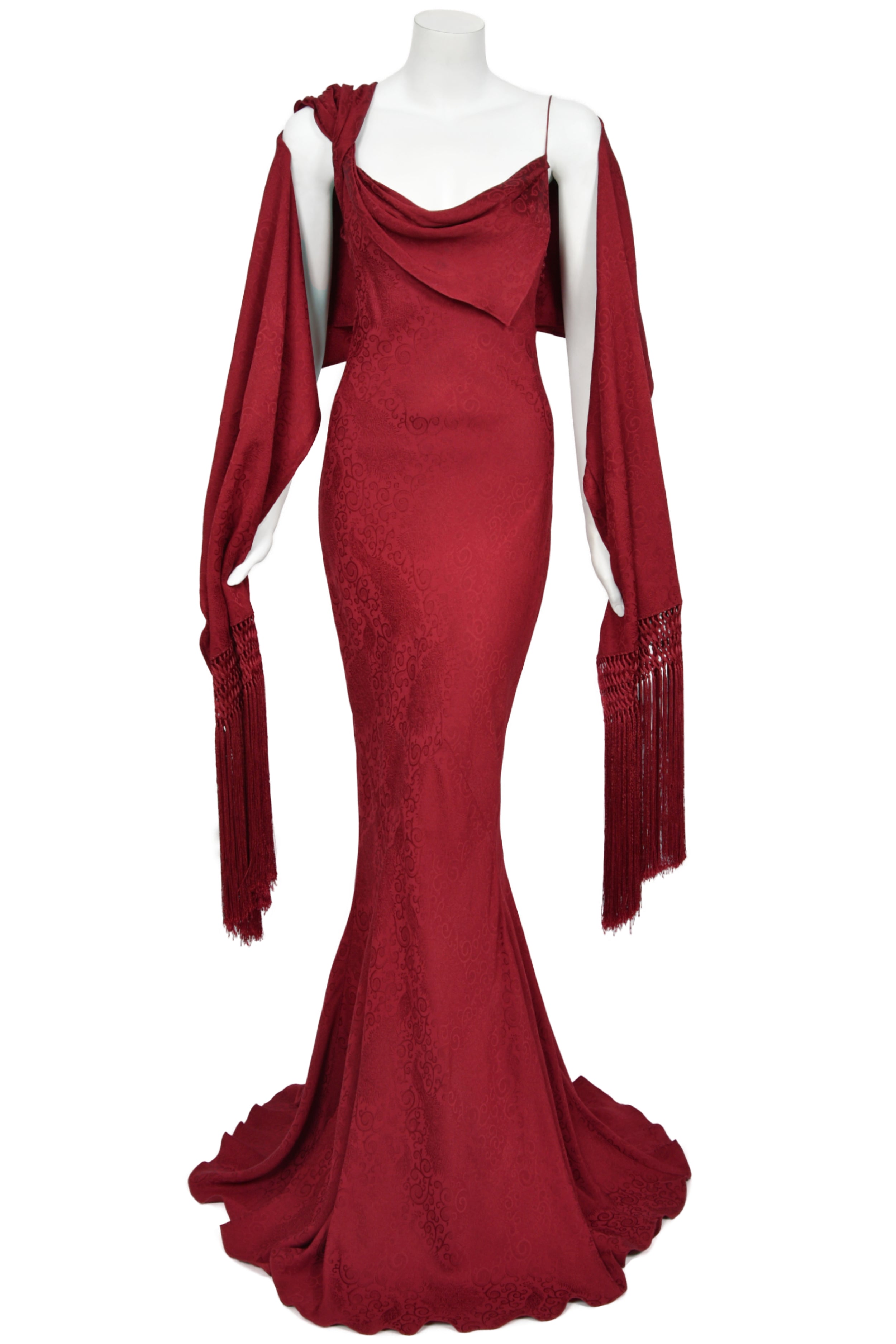1999 John Galliano Maori Collection Merlot Red Silk Bias-Cut Gown w/ F - Timeless Vixen 1999 John Galliano Maori Collection Merlot Red Silk Bias-Cut Gown w/ F - Timeless Vixen