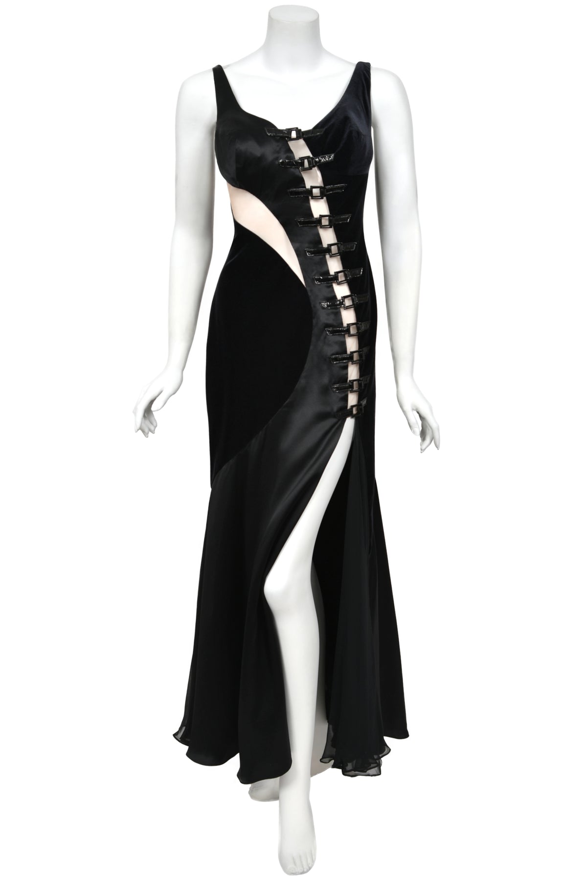 2004 Versace Runway Black Silk & Velvet Sheer-Illusion Buckle Trimmed High Slit Gown