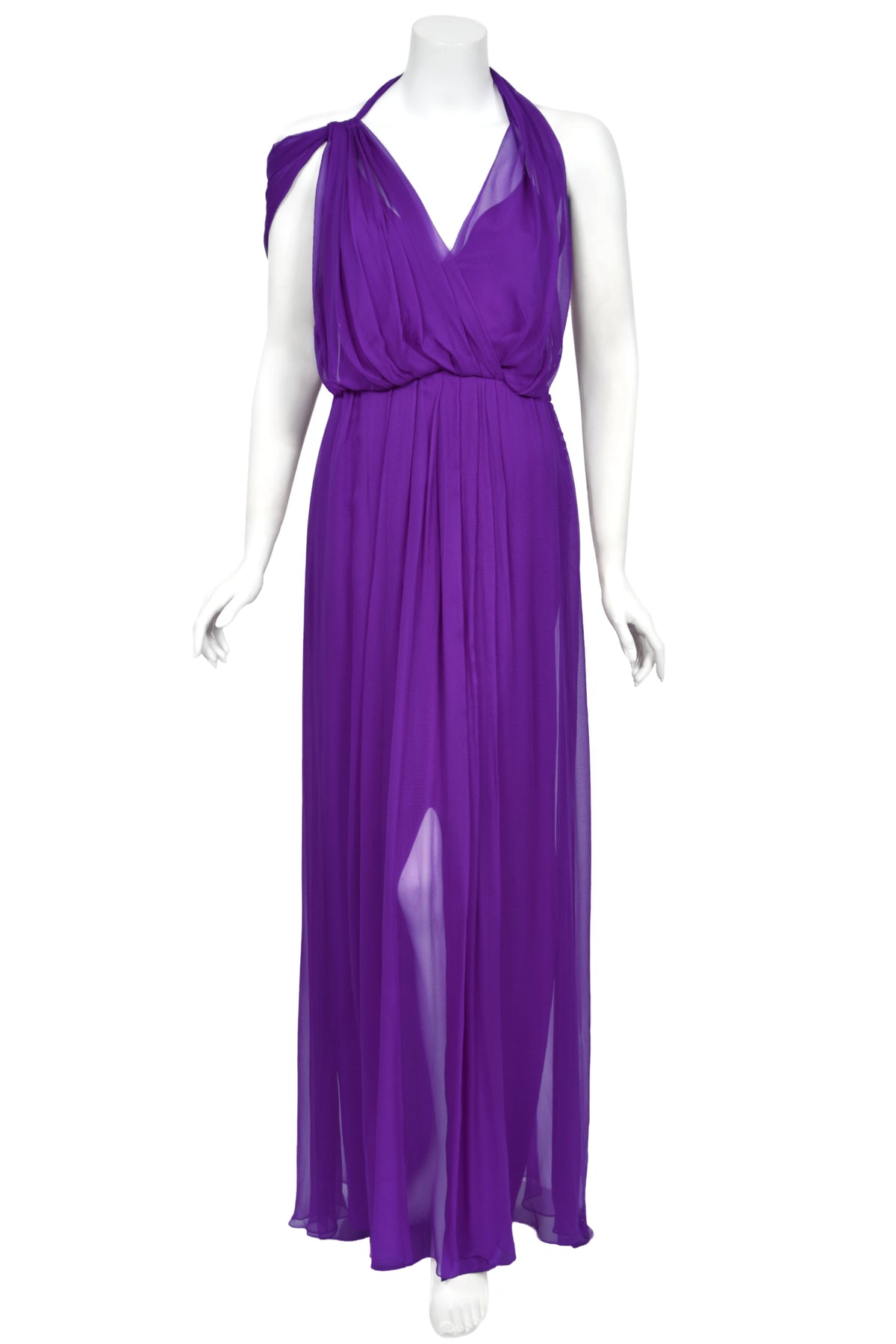 2011 Christian Dior by John Galliano Royal Purple Sheer Silk Low-Cut Asymmetric Goddess Gown