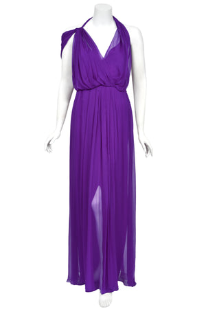 2011 Christian Dior by John Galliano Royal Purple Sheer Silk Low-Cut Asymmetric Goddess Gown