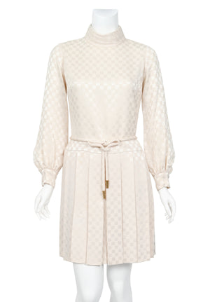 1968 Christian Dior Haute Couture Documented Ivory Checkered Silk Pleated Mini Dress