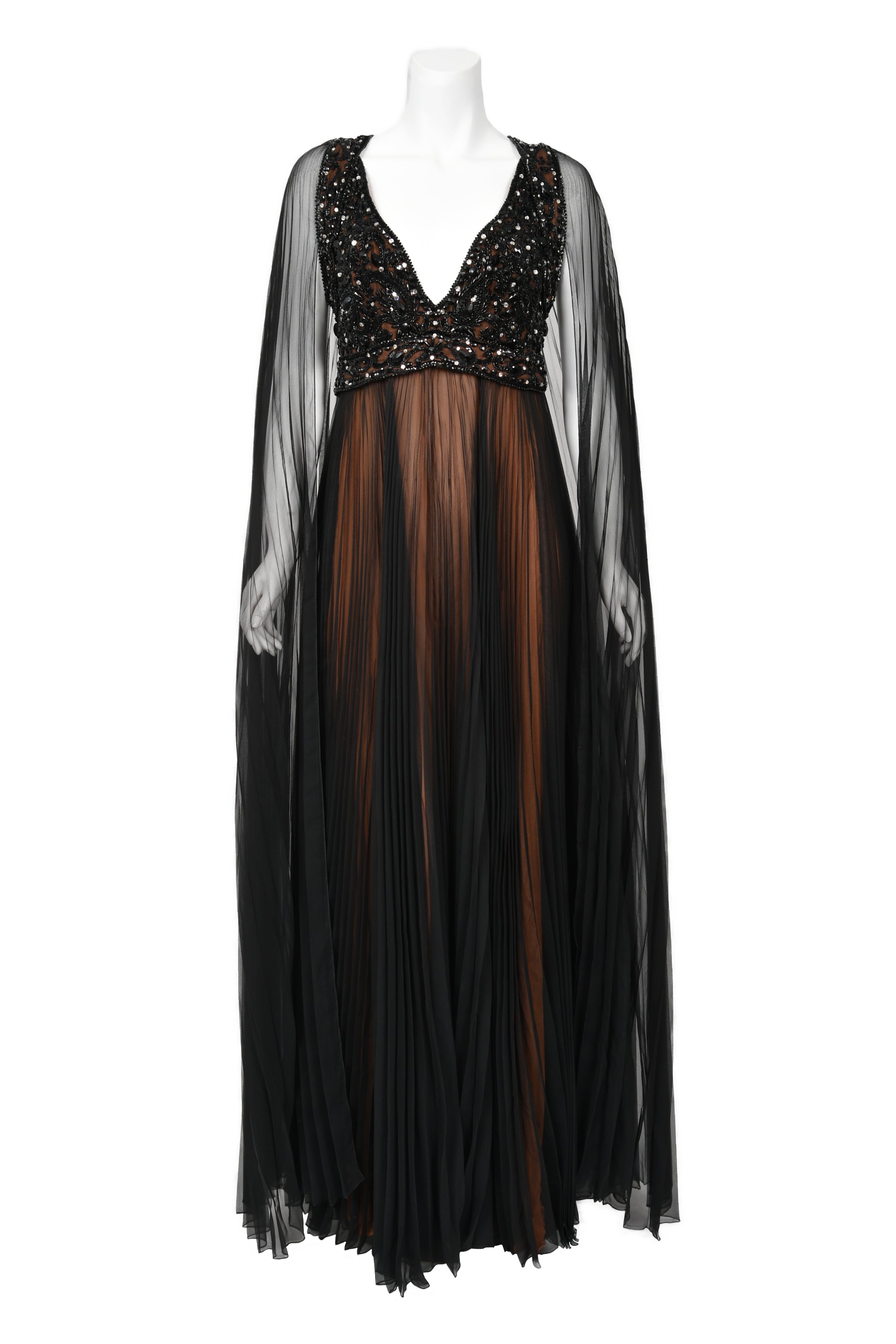 bob mackie maxi dresses Vintage Bob Mackie Boutique Nude Pearl Beaded Gown Maxi Dress, 1980s