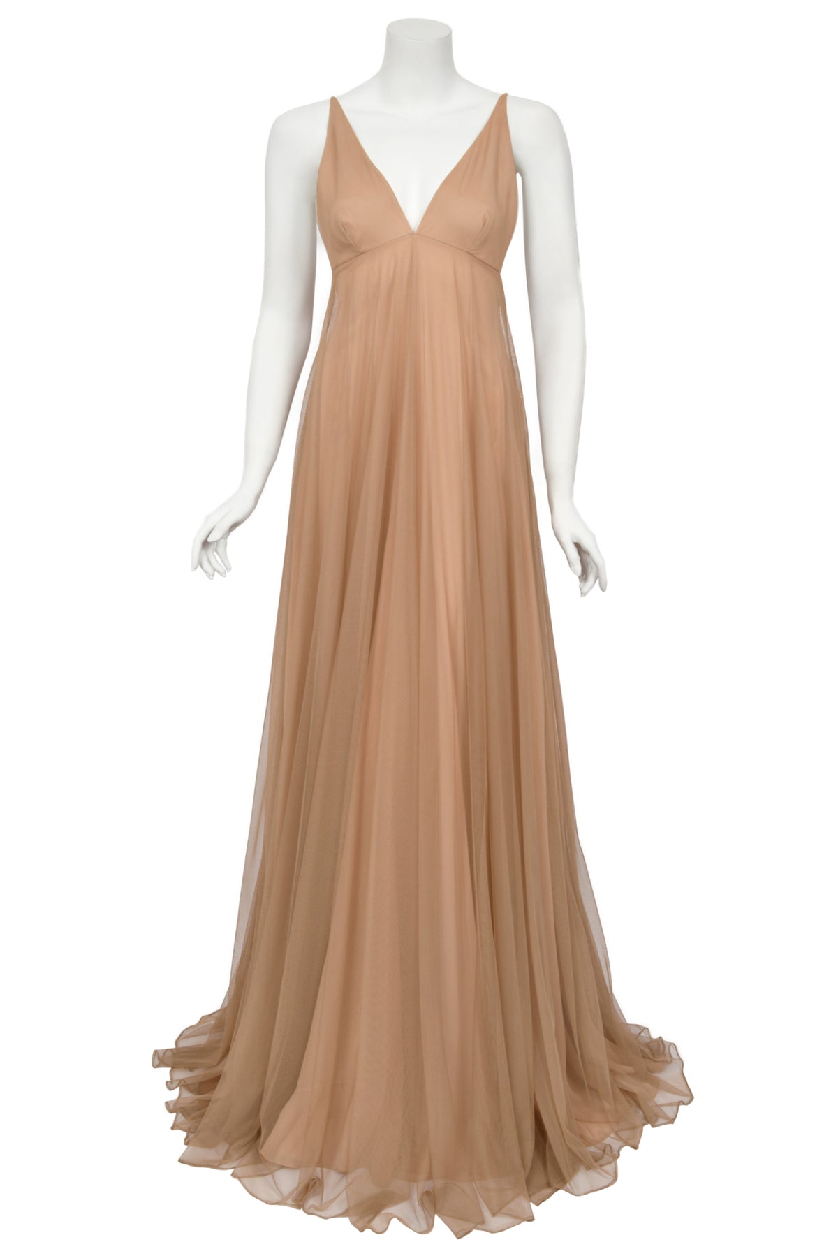 1998 Tom Ford for Gucci Runway &#39;Gisele&#39; Nude Illusion Tulle Low-Cut Plunge Gown