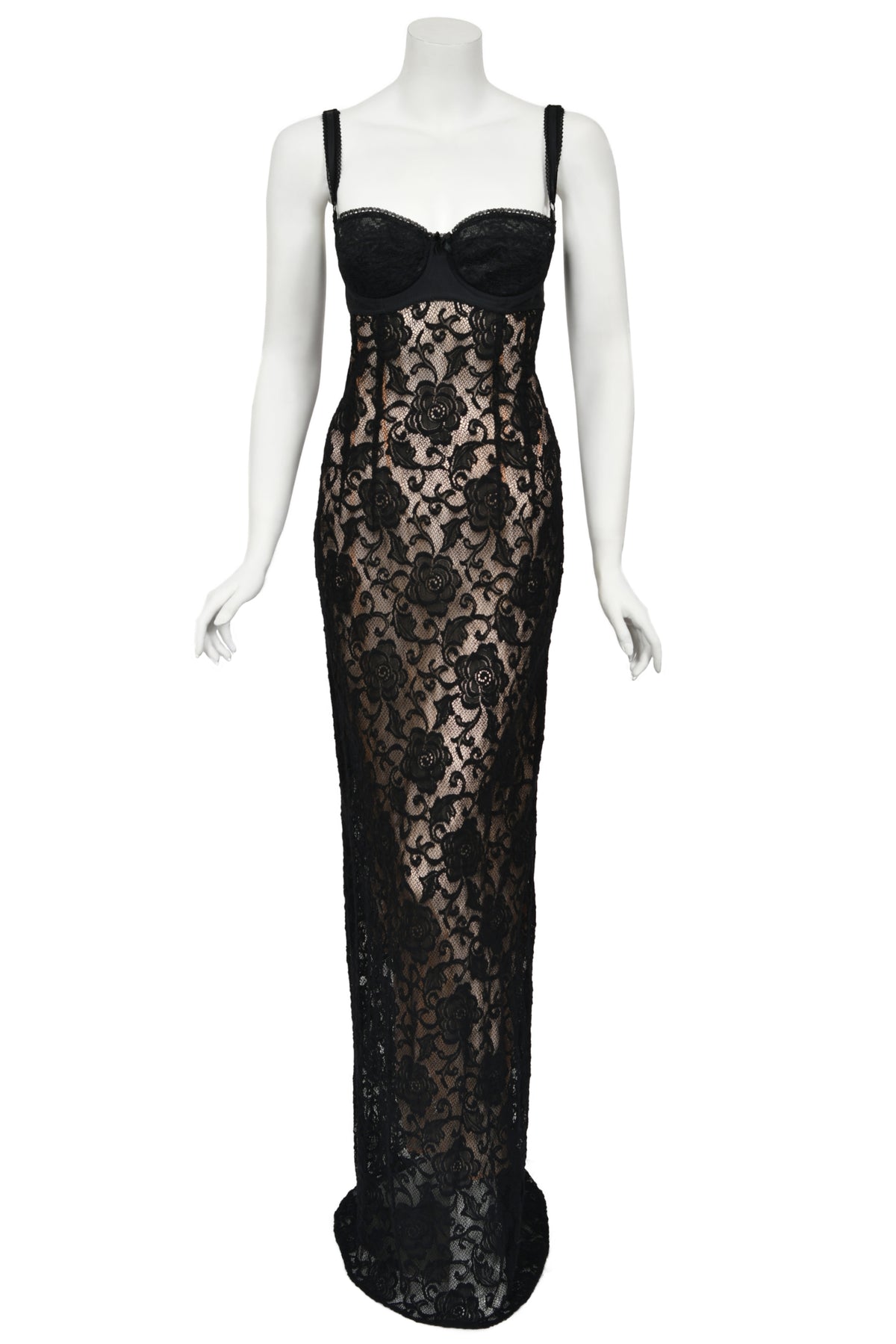 1997 Dolce &amp; Gabbana Sheer Black Stretch Lace Built-In Bra Hourglass Slip Gown