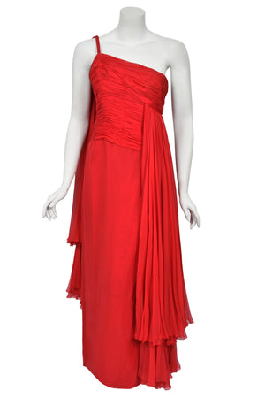 1960's Martha Weathered Couture Ruby-Red Pleated Silk Draped Goddess Gown