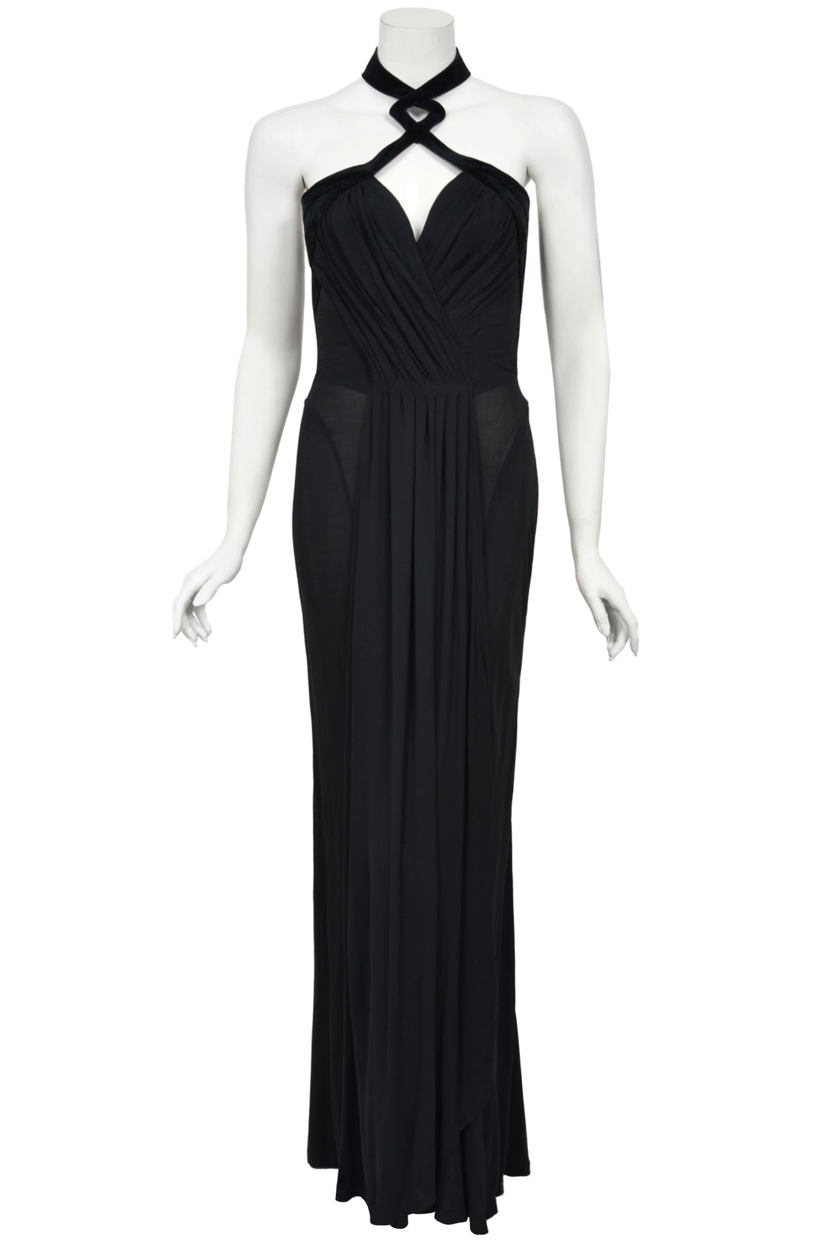 1998 Thierry Mugler Runway Black Silk-Jersey &amp; Velvet Bustier Cut-Out Halter Gown