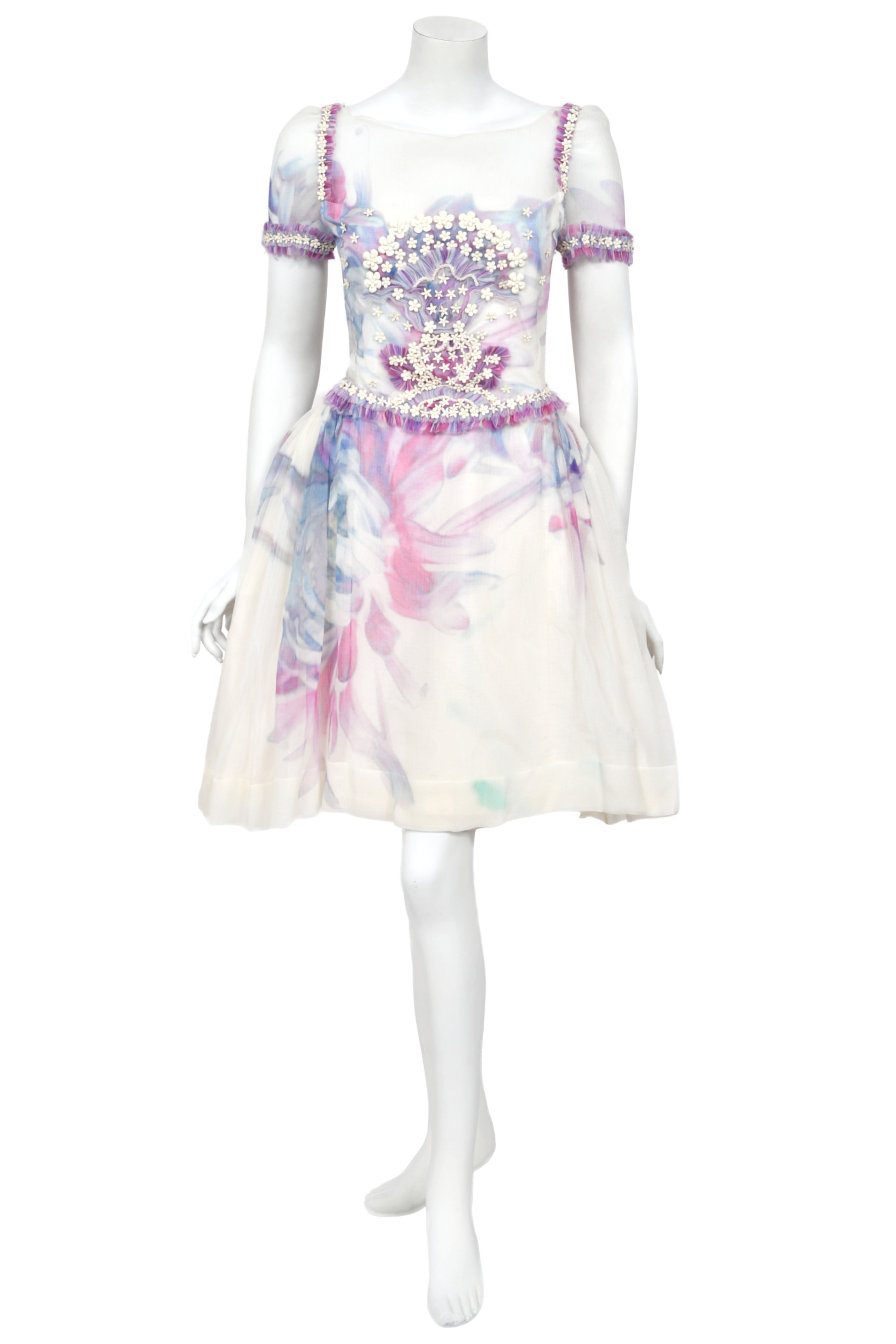 2013 Chanel by Lagerfeld Beaded Ivory Floral Silk Mini Dress w