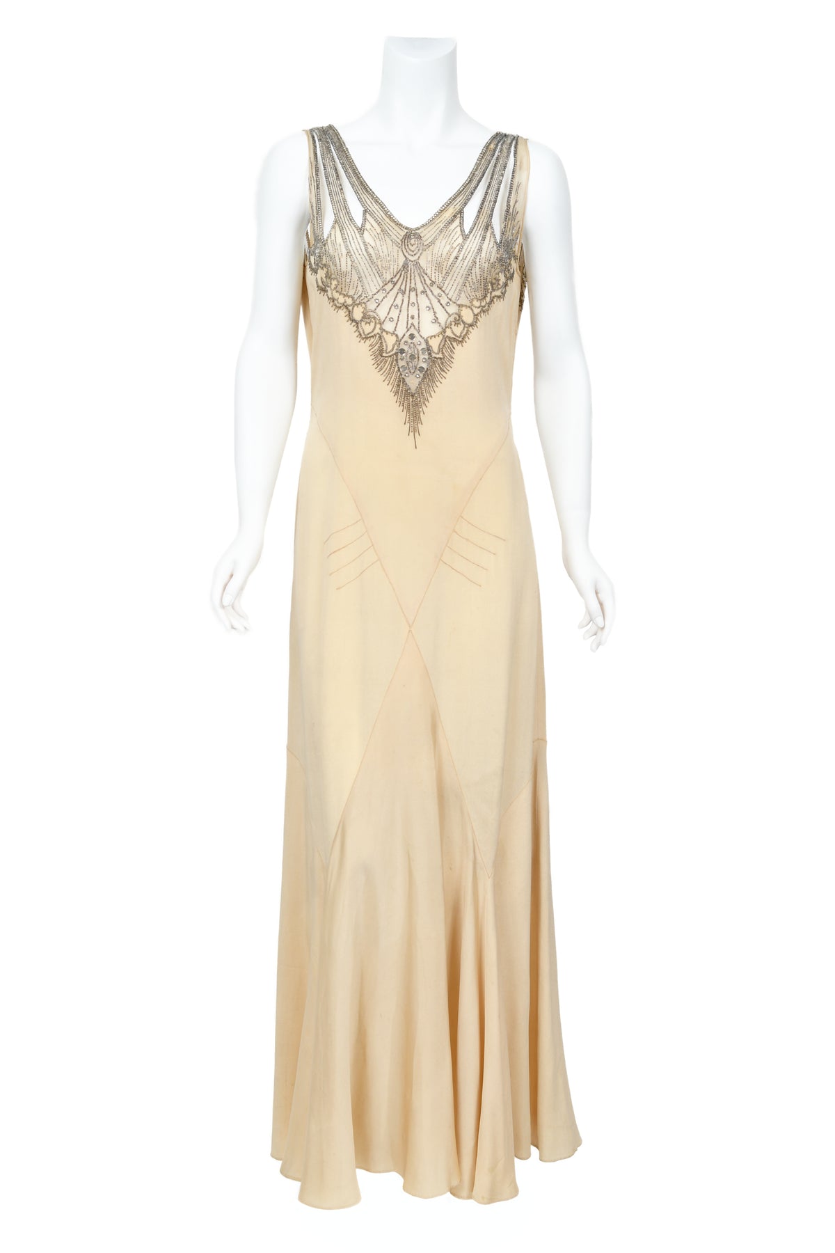 1930's French Ivory Creme Silk Beaded Sheer Illusion Deco Bias-Cut Bridal Gown