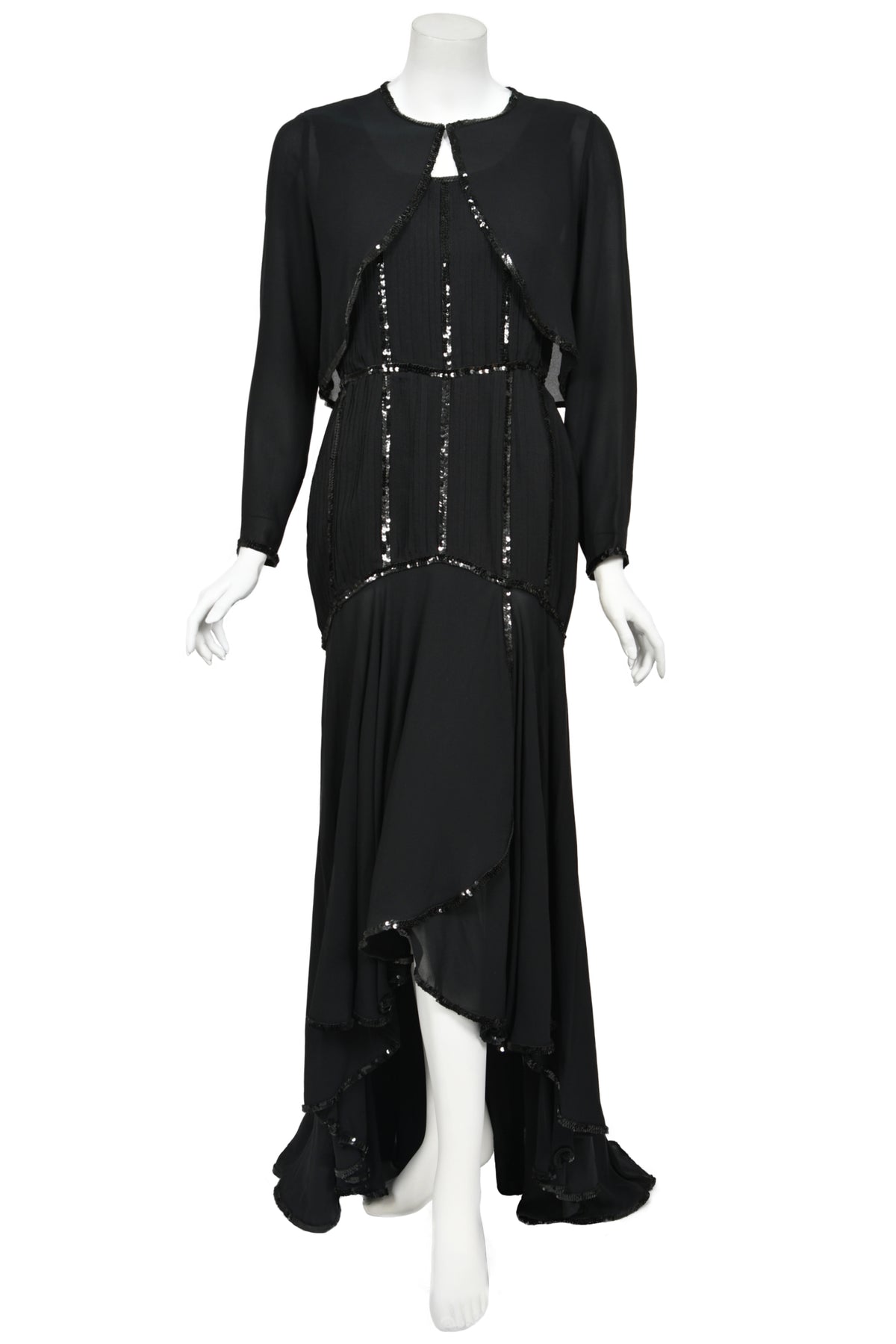 1983 Chanel by Karl Lagerfeld Sequin Pleated Black Silk Crepe High-Low Gown w/ Matching Jacket