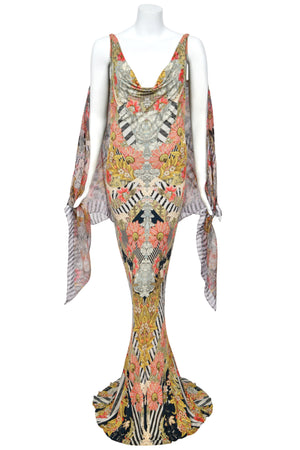 2011 Alexander McQueen 'Folklore Fin' Floral Stripe Print Draped Bias-Cut Gown w/ Shawl