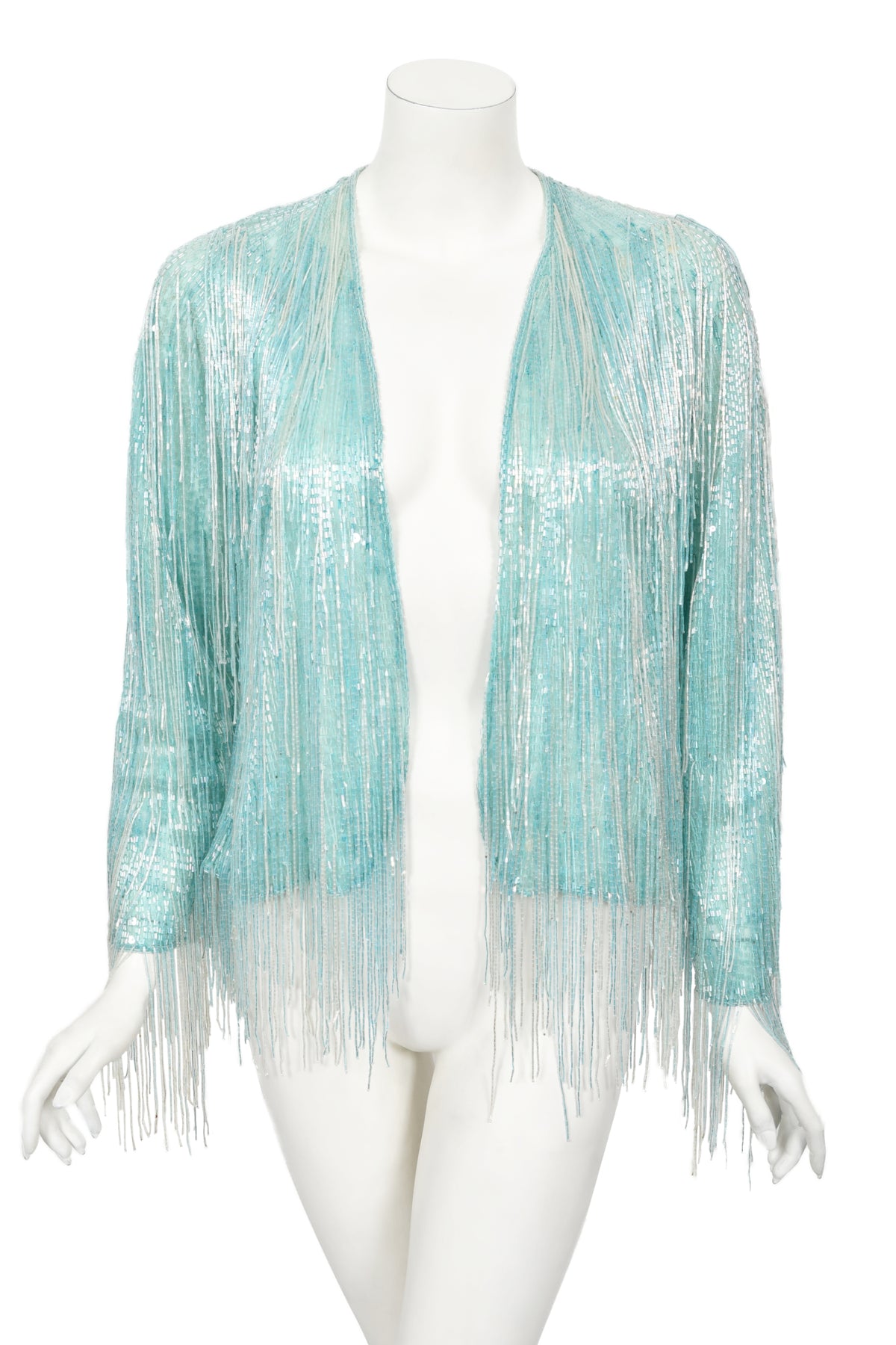1970&#39;s Halston Couture Ice Blue Beaded Silk Fringe Disco Cardigan Jacket