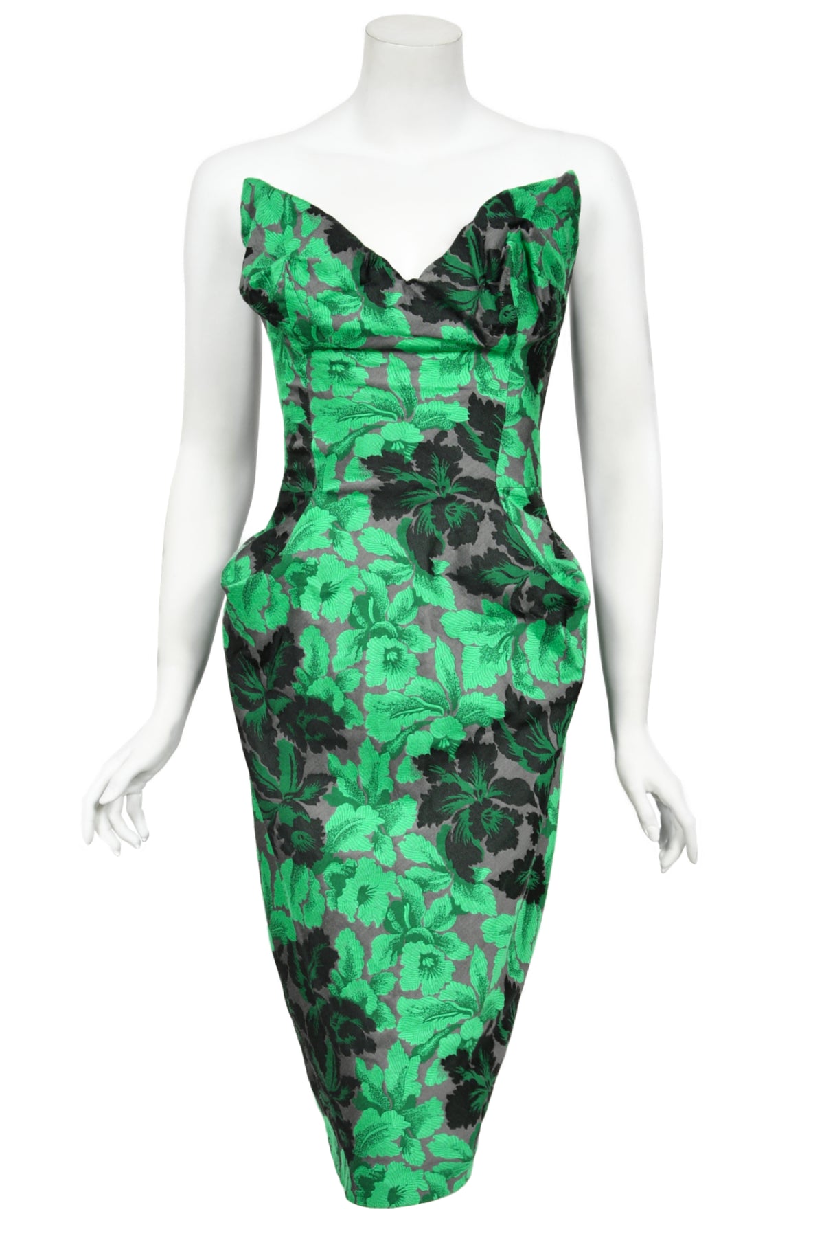 2010 Vivienne Westwood Gold Label Sculpted Green Floral Silk Brocade Corset Dress