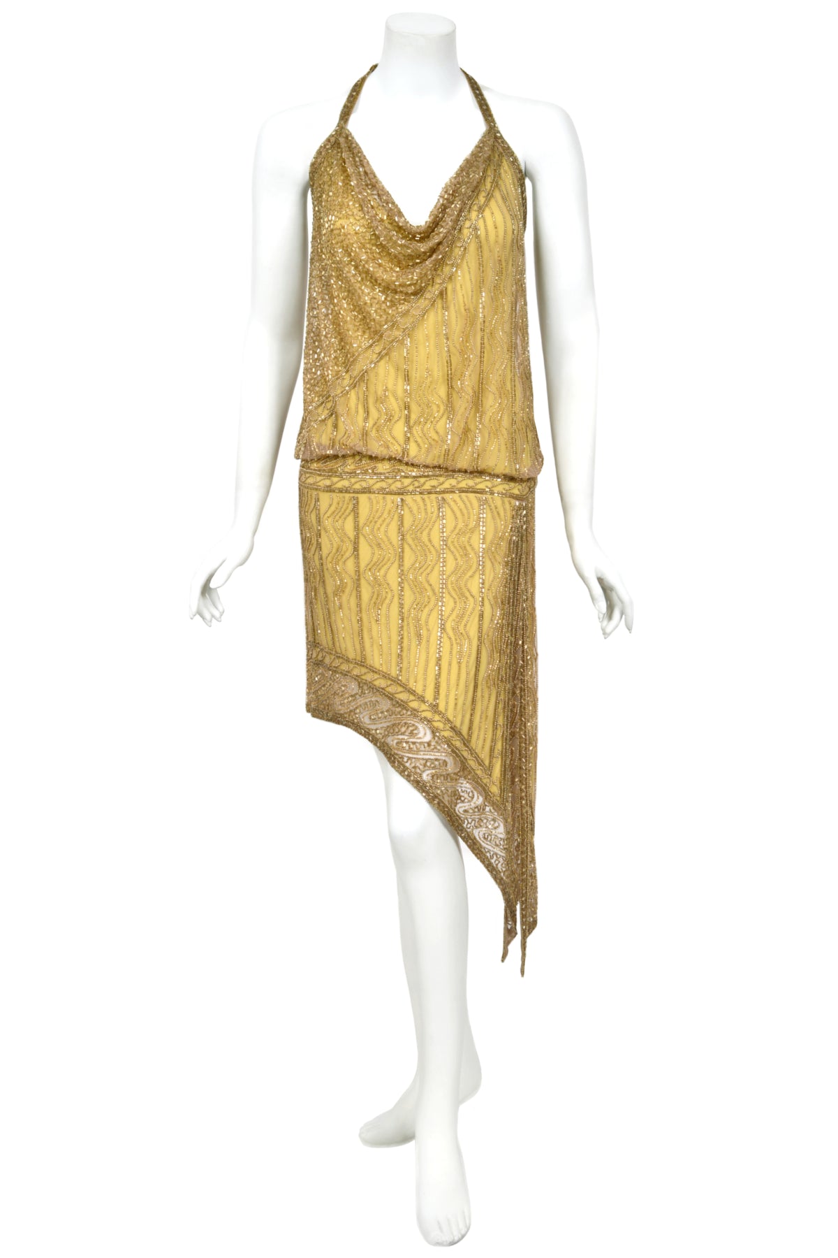 1992 Bob Mackie Runway Metallic Gold Fully-Beaded Halter High Slit 'Flapper' Dress