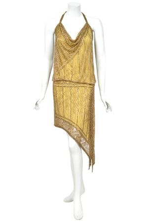 1992 Bob Mackie Runway Metallic Gold Fully-Beaded Halter High Slit 'Flapper' Dress