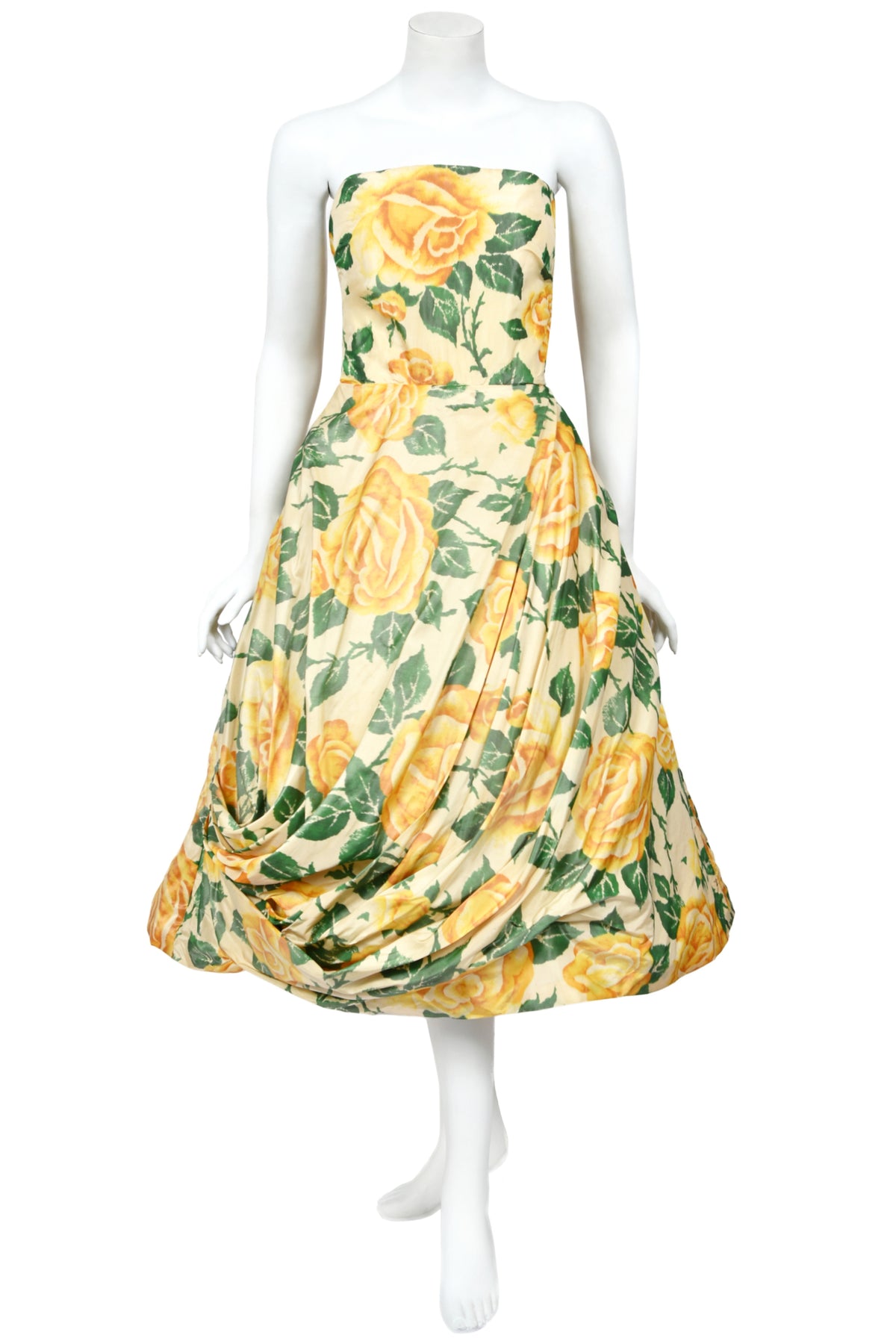 1950's Philip Hulitar Couture Yellow Roses Watercolor Silk Strapless Sculpted Party Dress