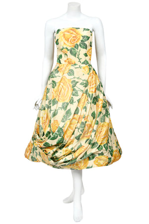 1950's Philip Hulitar Couture Yellow Roses Watercolor Silk Strapless Sculpted Party Dress