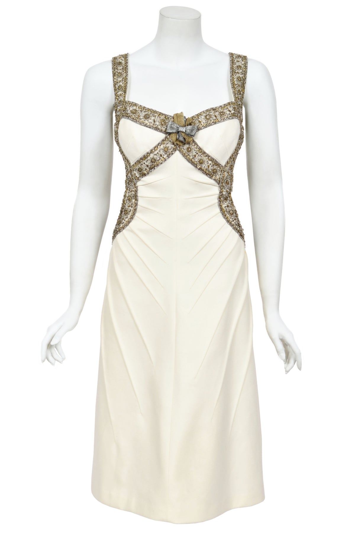 2003 Alexander McQueen Metallic Beaded Embroidered Ivory Wool Open-Back Dress