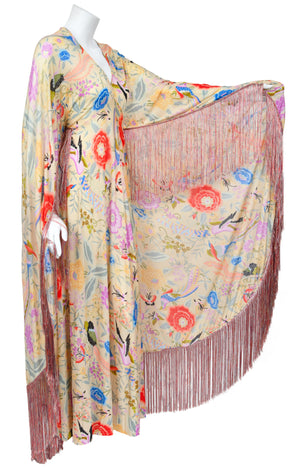 1971 Missoni Couture Colorful Floral Bird Print Silk-Jersey Caftan Gown