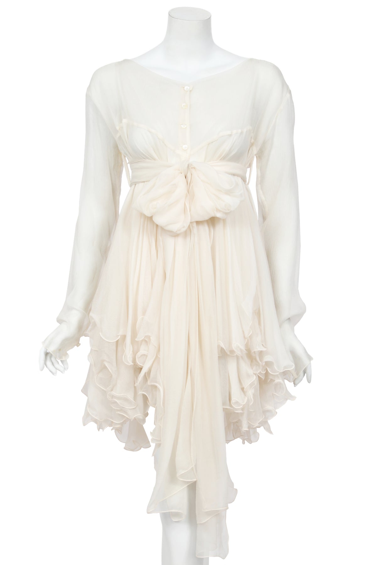 1991 Dolce &amp; Gabbana Runway Ivory Silk Belted Sash Tiered Babydoll Mini Dress